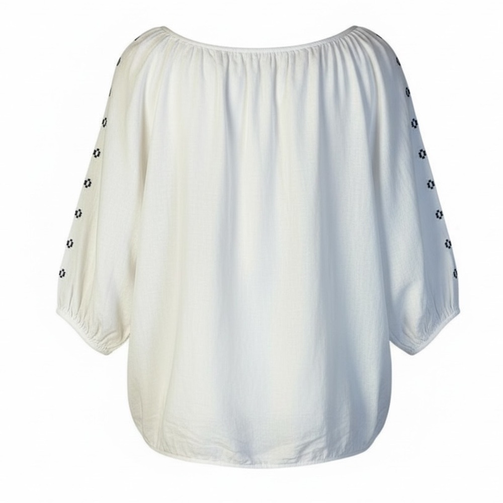 Nine West Boho White Cotton Peasant Blouse With Blue embroidery and Tassels L - Picture 3 of 9